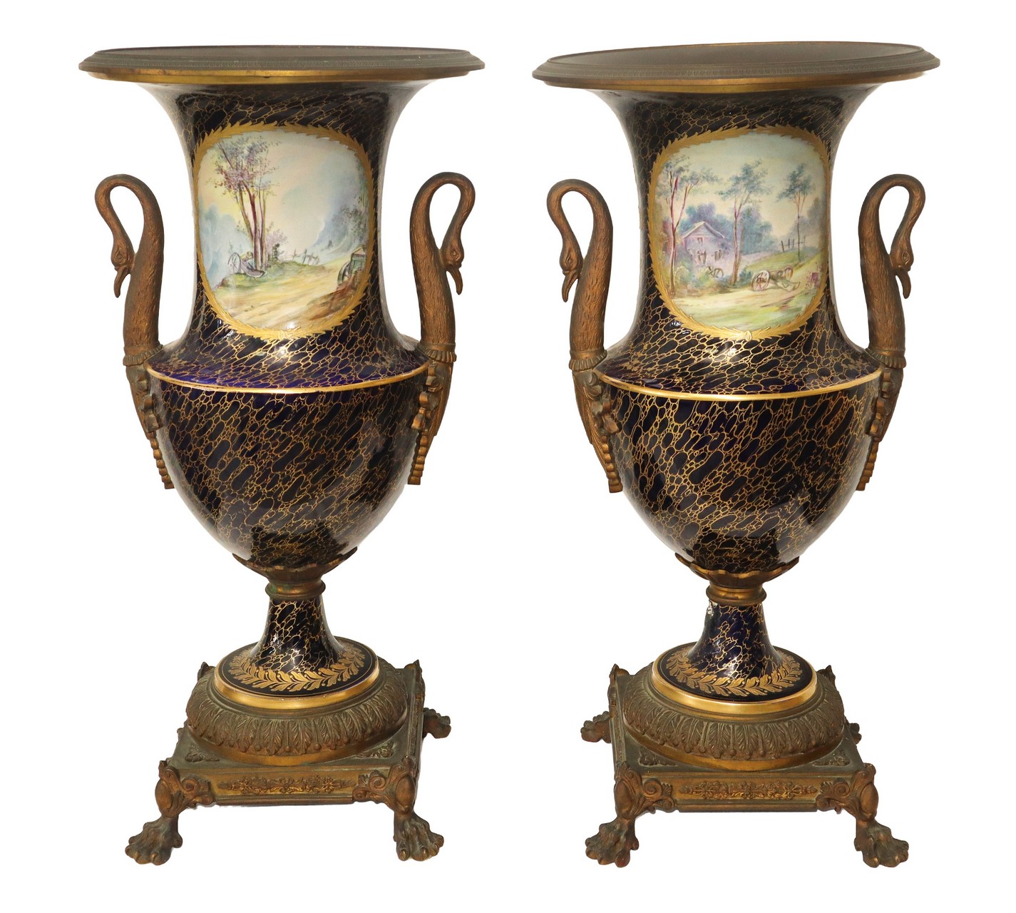 Sevres- Vincennes - Pair of blue porcelain vases with golden decorations and neck decorated with scr - Image 2 of 5