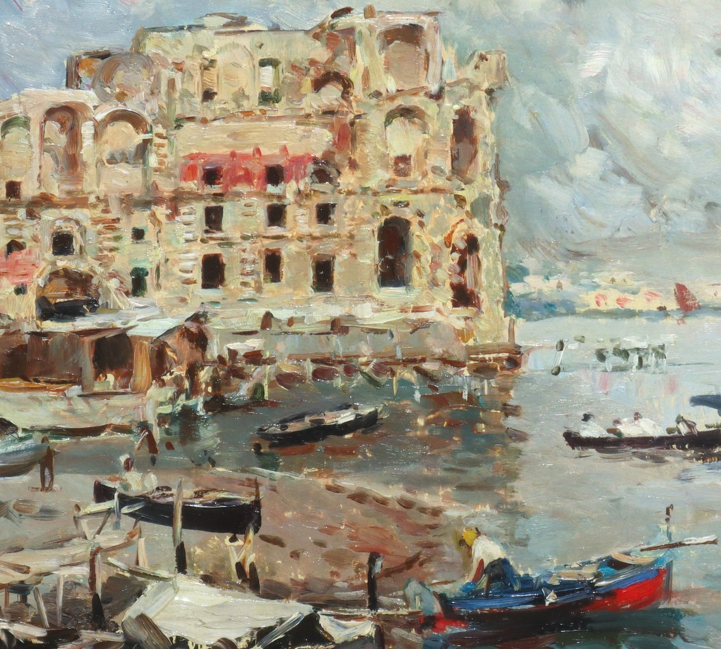 Attilio Pratella (Lugo Di Romagna 1856-Napoli 1949) - Marina with boats and Palazzo Donn'Anna, Napl - Image 3 of 4