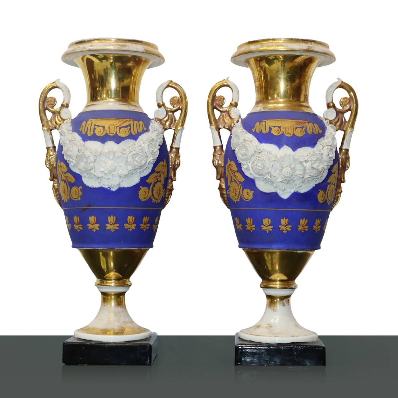 Pair of Sofia porcelain vases, French blue and mercury gilding, France 19th century