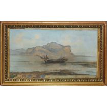 Michele Catti (Palermo 1855-Palermo 1914) - Landscape depicting Monte Pellegrino with boats, Ninete