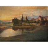 View of the lake with a small church at dusk, Late 19th century