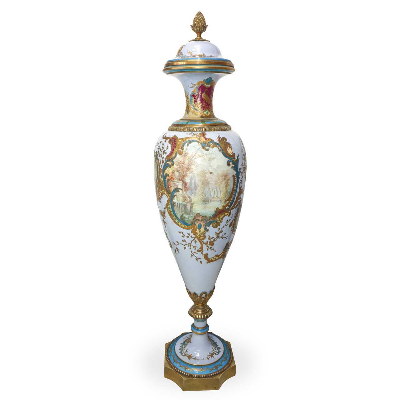 Sevres- Vincennes - Pair of Old French porcelain vases with lids, gilded decorations and images of c - Image 8 of 8