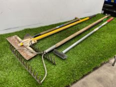 5no. Various Gardening Tools Comprising, 2no. Rakes, Wire Brush, Scraper & Draper Lawn Edger