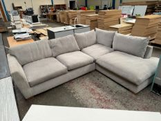 Grey Fabric Corner Suite, Low Back with Cushions - 2850 x 2170 mm. Please Note: There is NO VAT on