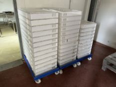 36no. Plastic Storage Trays 760 x 460 x 100mm with 3no. Steel Frame Skates