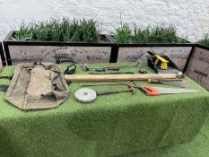 Quantity of Various Tools Comprising; Handsaw, Dustpan & Brush, Tape Measure, Crowbar & Hammer