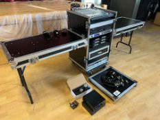 Mobile Mixing Desk/Microphone Station Comprising; 3no. Shure BLX88 Radio Receivers, QSC GX5 Power