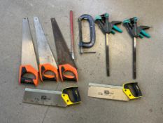 2no. Stanley Fat Max Saws, 3no. Irwin Saws, G Clamp & 2no. Wolfcrafts Universal Clamps. Please Note: