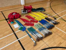 Quantity of Hockey Training Sundries Comprising Colour Coded Plastic Sticks, Timber Sticks, Pucks,