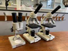 3no. Phillip Harris Microscopes, Comprising; 2no. 240v & 1no. Analogue. Please Note: Auction