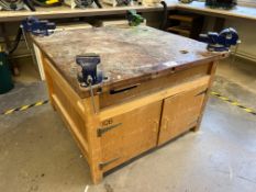 Timber Heavy Duty Workbench 1220 x 1220 x 800mm, Complete With; 4no. 4" Vices & Undercounter