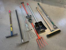 8no. Garden Hand Tools Comprising; 3no. Rakes, Hoe, Sweeping Brush, Pitch Fork & Half Moon Lawn