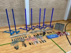 Quantity of Badminton Equipment Comprising; 4no. Pairs of Posts, 3no. Nets, Used & Unused Rackets.