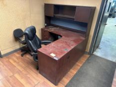 L-Shaped Desk w/ Overhead Hutch, (2) Task Chairs, etc.