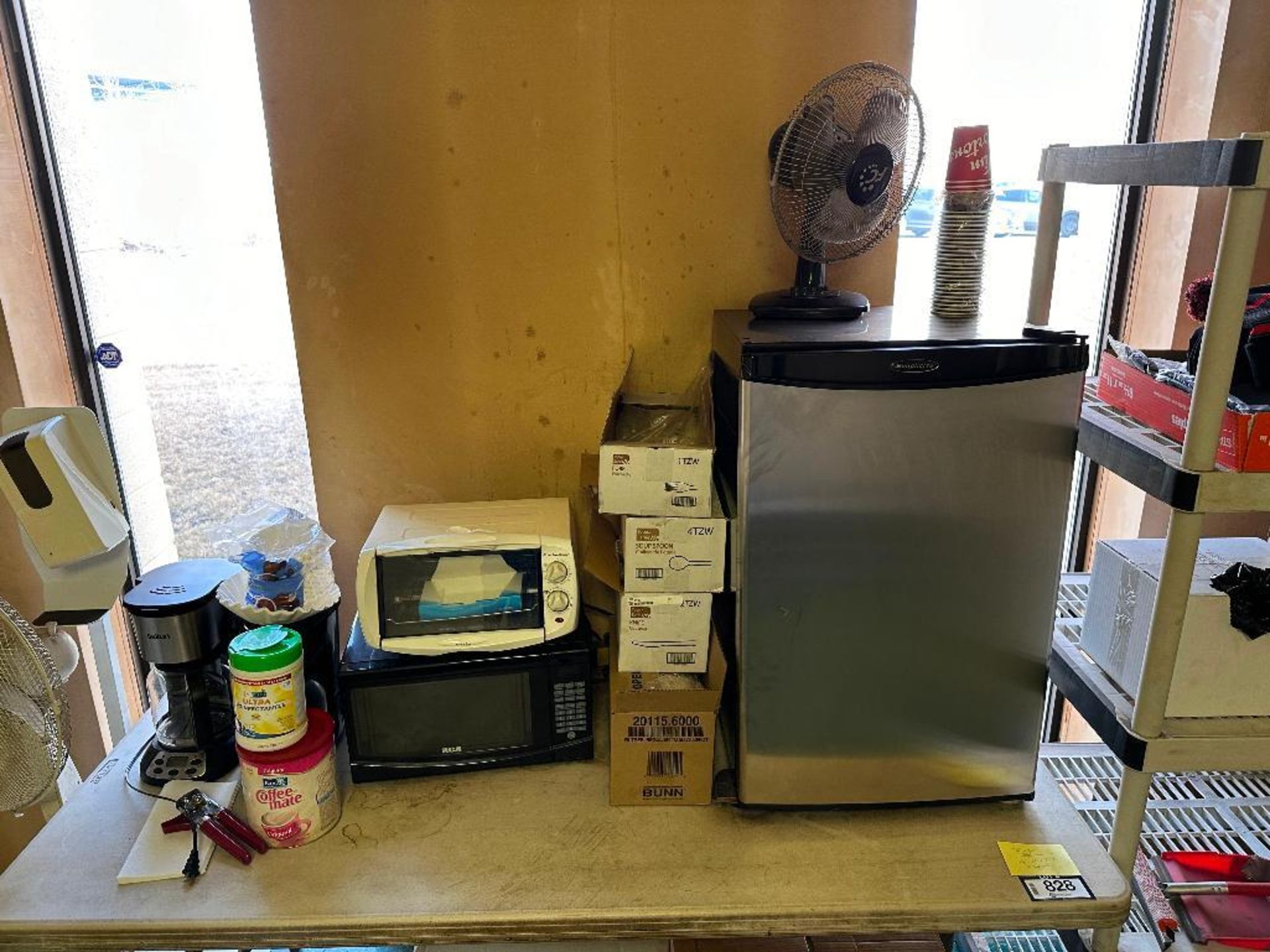 Contents of Lunchroom Including Microwave, Fridge, Shelf, Folding Table, Fan, Garbage Bags, etc. - Image 4 of 6