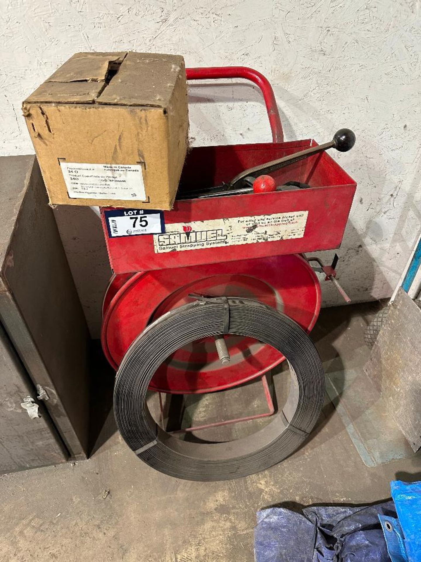 Steel Banding Cart w/ Tensioner, Crimper, Box of Clips, Steel Strapping, etc.