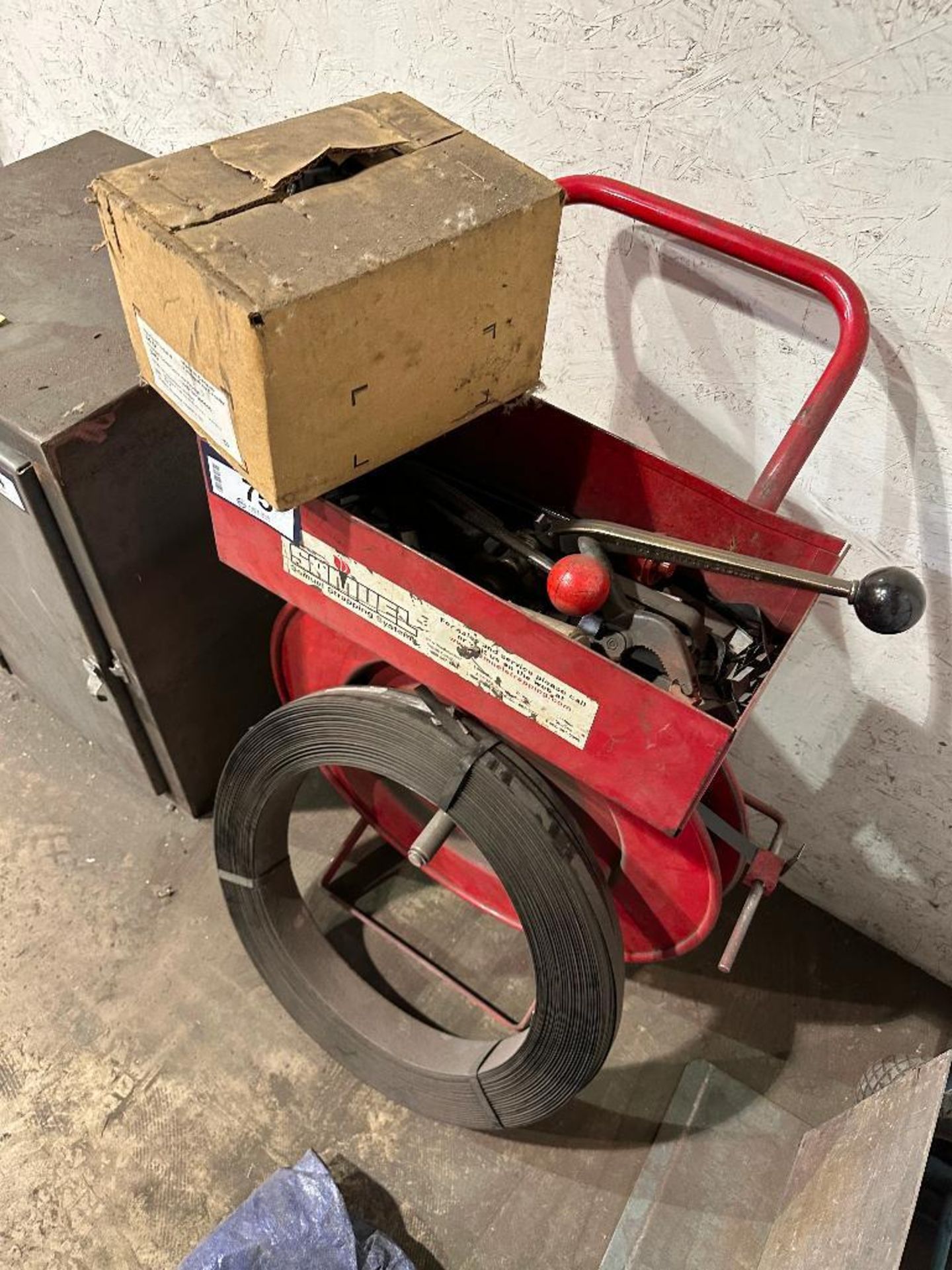 Steel Banding Cart w/ Tensioner, Crimper, Box of Clips, Steel Strapping, etc. - Image 3 of 4