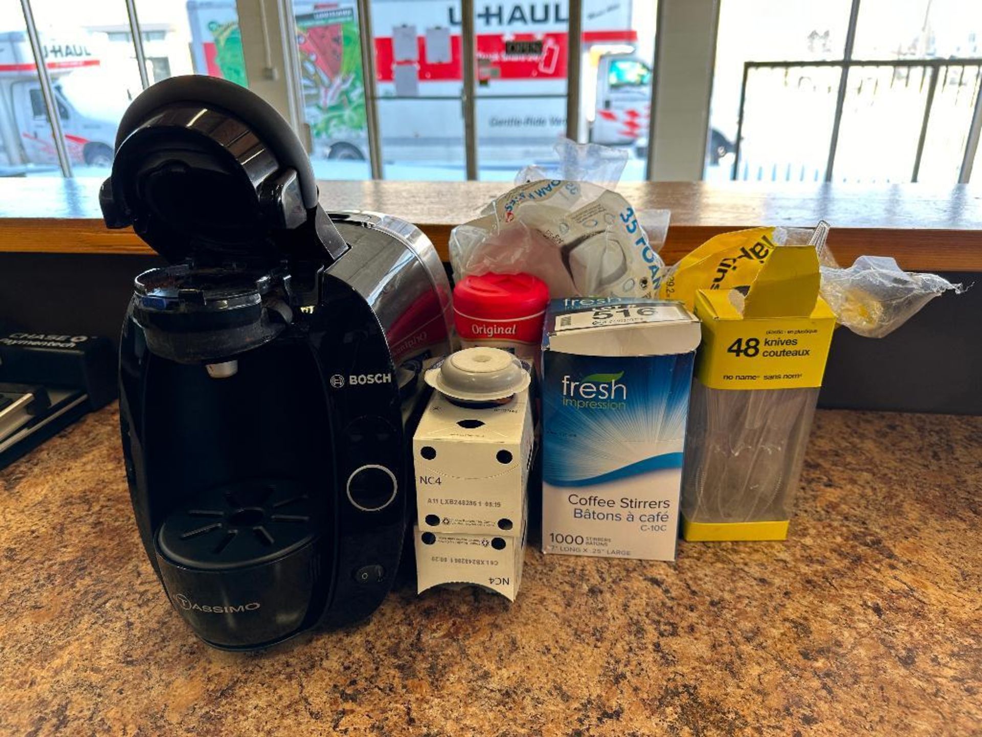 Lot of Bosch Tassimo Coffee Maker w/ Stir Sticks, Napkins, etc. - Image 2 of 3