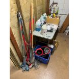 Lot of Cleaning Supplies including Mops, Buckets, Cleaners, Table, etc.