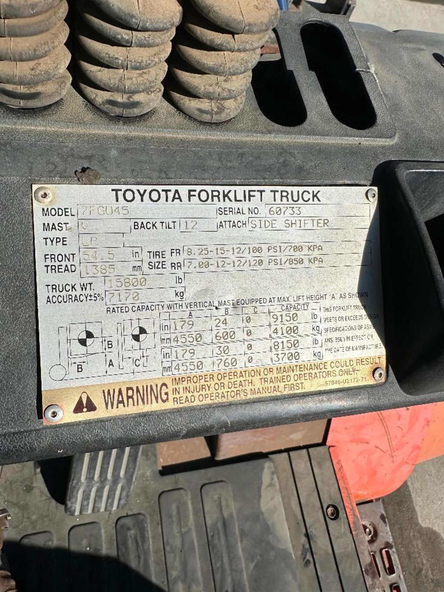 Toyota 7FGU45 9,150lb. Capacity LPG Forklift, 4,202hrs Showing - Image 9 of 10