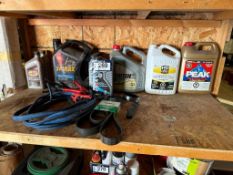 Lot of Asst. Oil, Antifreeze, Transmission Fluid, Booster Cables, Belt, etc.