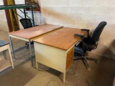 60" X 30" SINGLE PEDESTAL DESK & 60" X 30" TABLE WITH (2) TASK CHAIRS