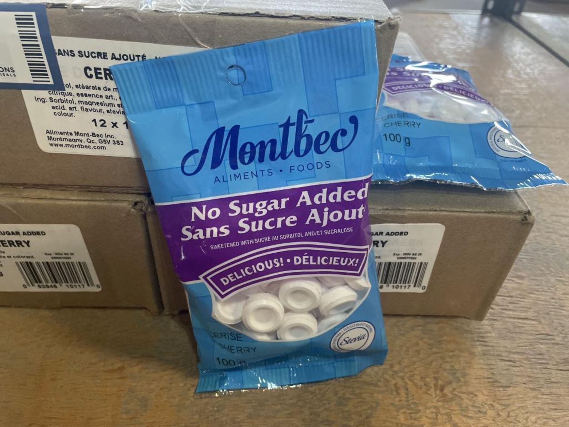 (3) BOXES OF MONTBEC NO SUGAR ADDED CHERRY MINTS, 12/100G PER BOX - Image 2 of 2