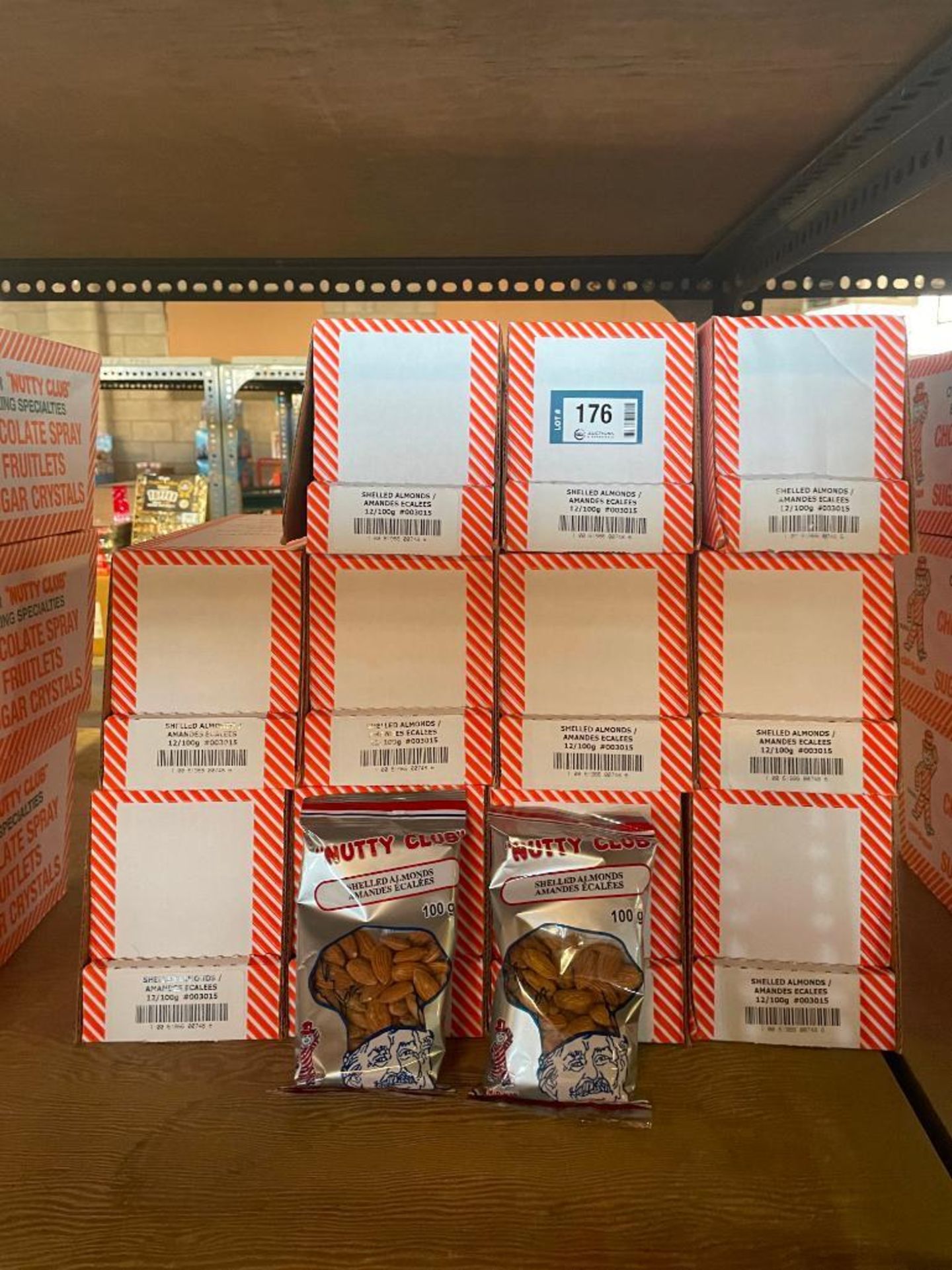 (11) BOXES OF NUTTY CLUB SHELLED ALMONDS, 12/100G BAGS PER BOX