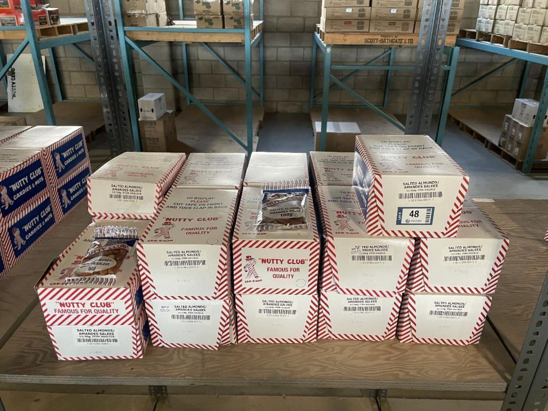(22) BOXES OF NUTTY CLUB SALTED ALMONDS, (17) 12/100B PER BOX & (5) 12/50G PER BOX