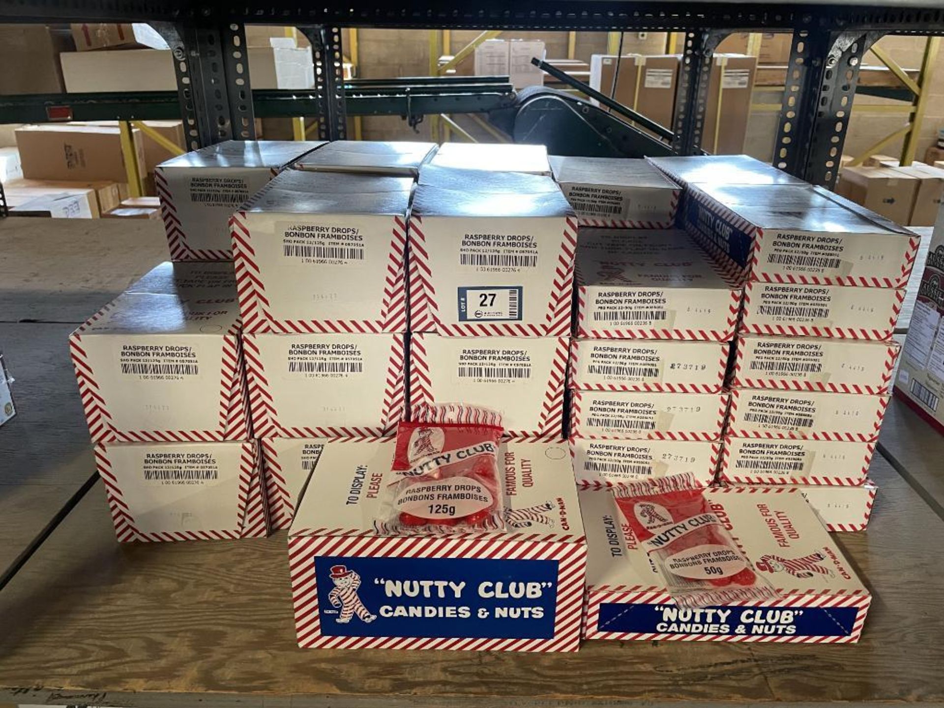(42) BOXES OF NUTTY CLUB RASPBERRY DROPS, (18) 12/125G PER BOX & (24) 12/50G PER BOX