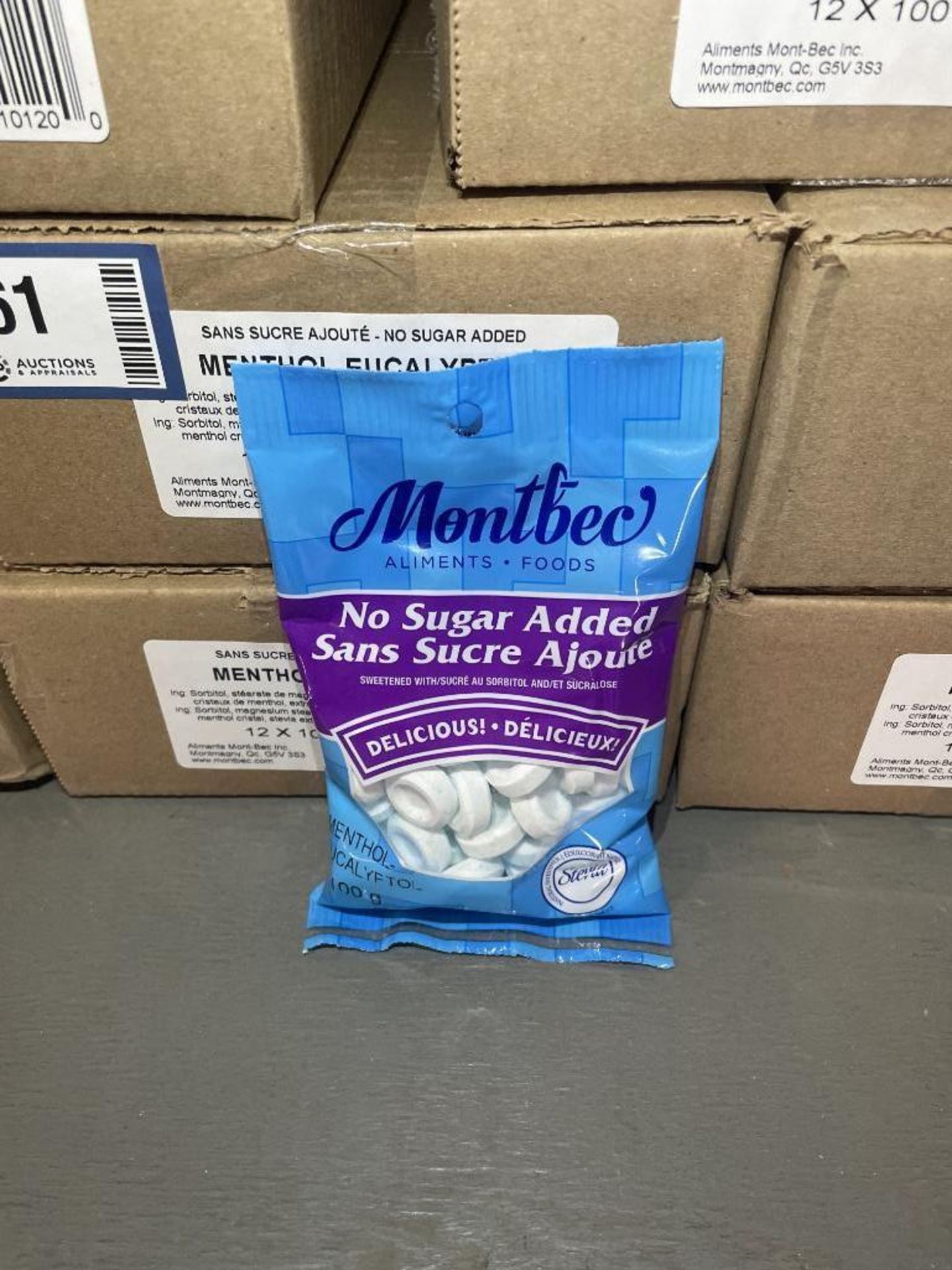 (8) CASES OF MONTBEC NO SUGAR ADDED MENTHOL-EUCALYPTOL MINTS, 12/100G PER CASE - Image 2 of 3