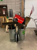 LOT OF ASST. SHOVELS, RAKES, BROOMS & (2) GARBAGE CANS