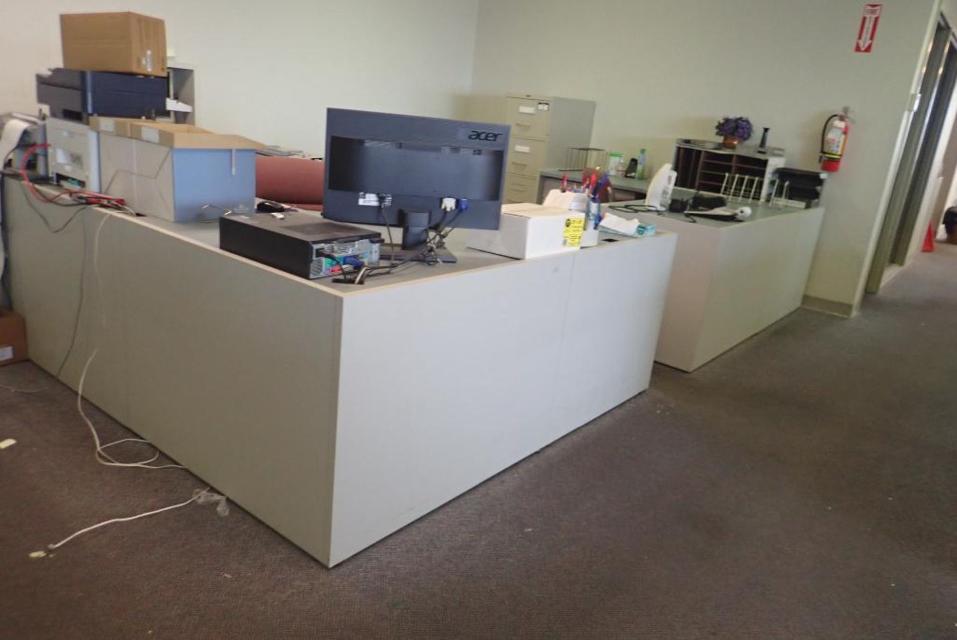 Lot of (2) Desks, (2) Task Chairs, Vertical 4-Drawer File Cabinet, and Asst. Office Supplies.