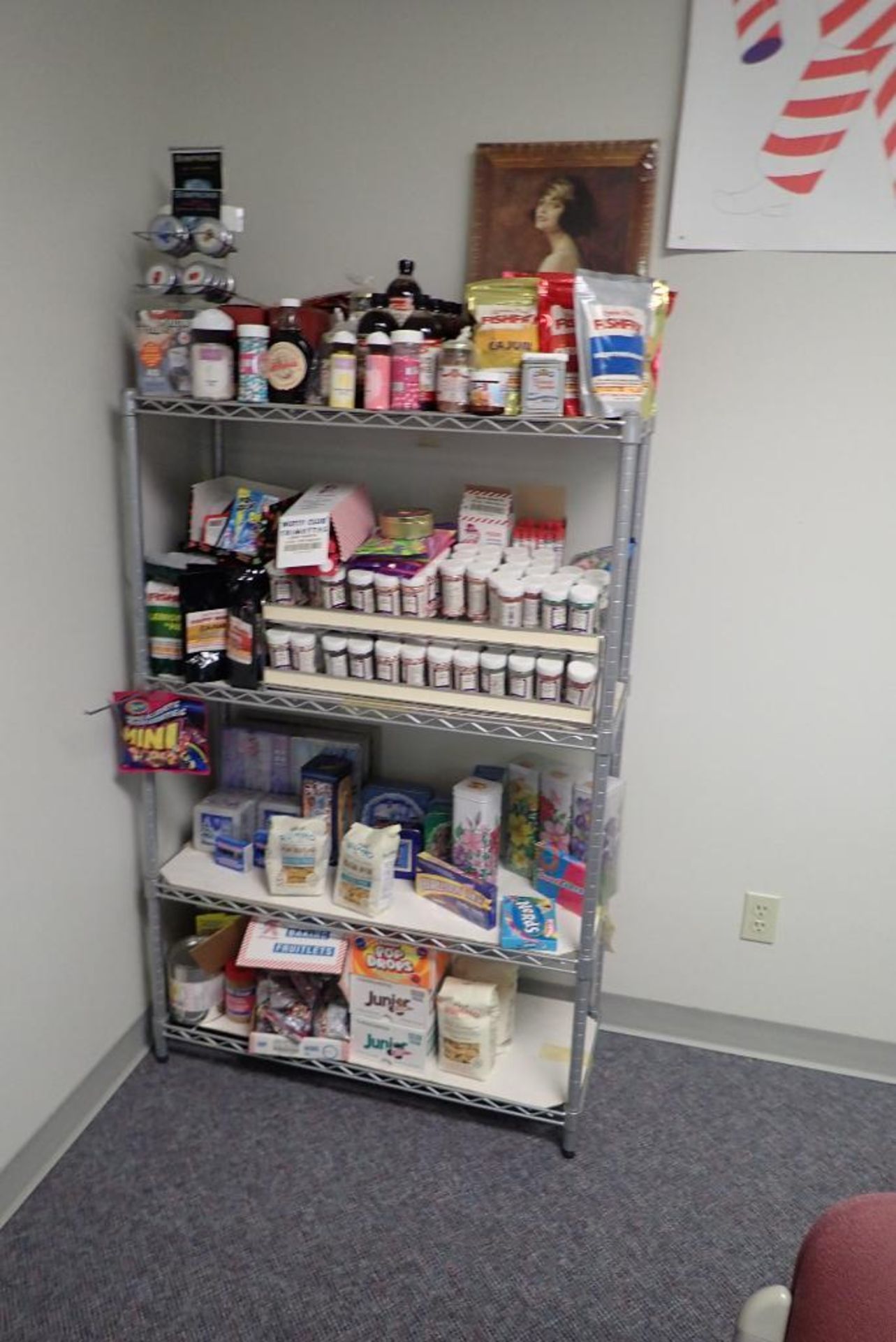 Lot of Bakers Rack w/ Asst. Baking Supplies, Candy, etc.