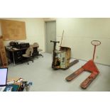 Lot of Desk, (2) Task Chairs, Stereo, Yale Electric Pallet Jack, Battery Charger and Pallet Jack.