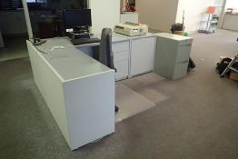 Lot of (3) Desks, (2) Steno Chairs, Vertical File Cabinet, Asst. Office Supplies, etc.