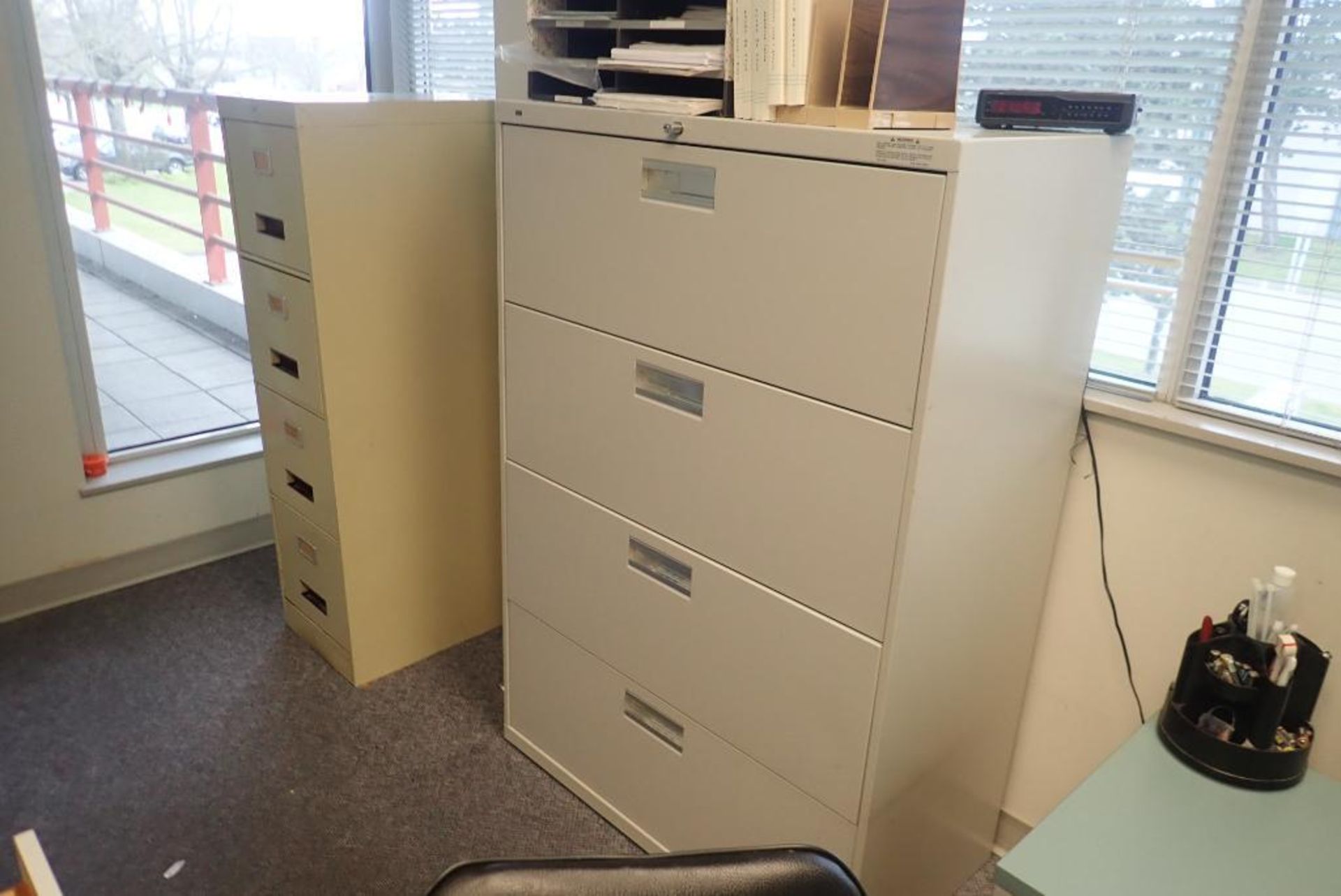 Lot of Desk, Task Chair, (3) File Cabinets, (2) Side Chairs, Asst. Office Supplies, etc. - Image 2 of 3