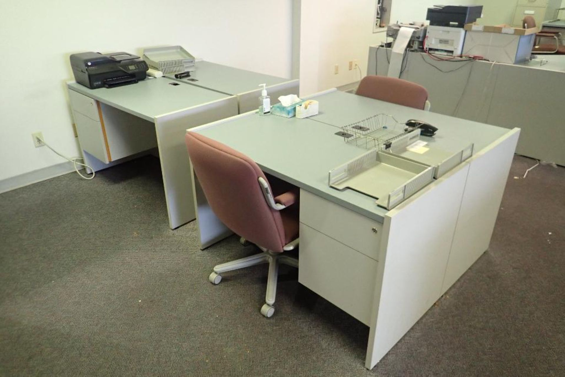 Lot of (4) Single Pedestal Desks, (2) Task Chairs and HP Officejet 4620 Printer.