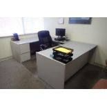 Lot of U-Shaped Desk, Task Chair, (2) Side Chairs, (2) File Cabinets, Framed Prints, etc.