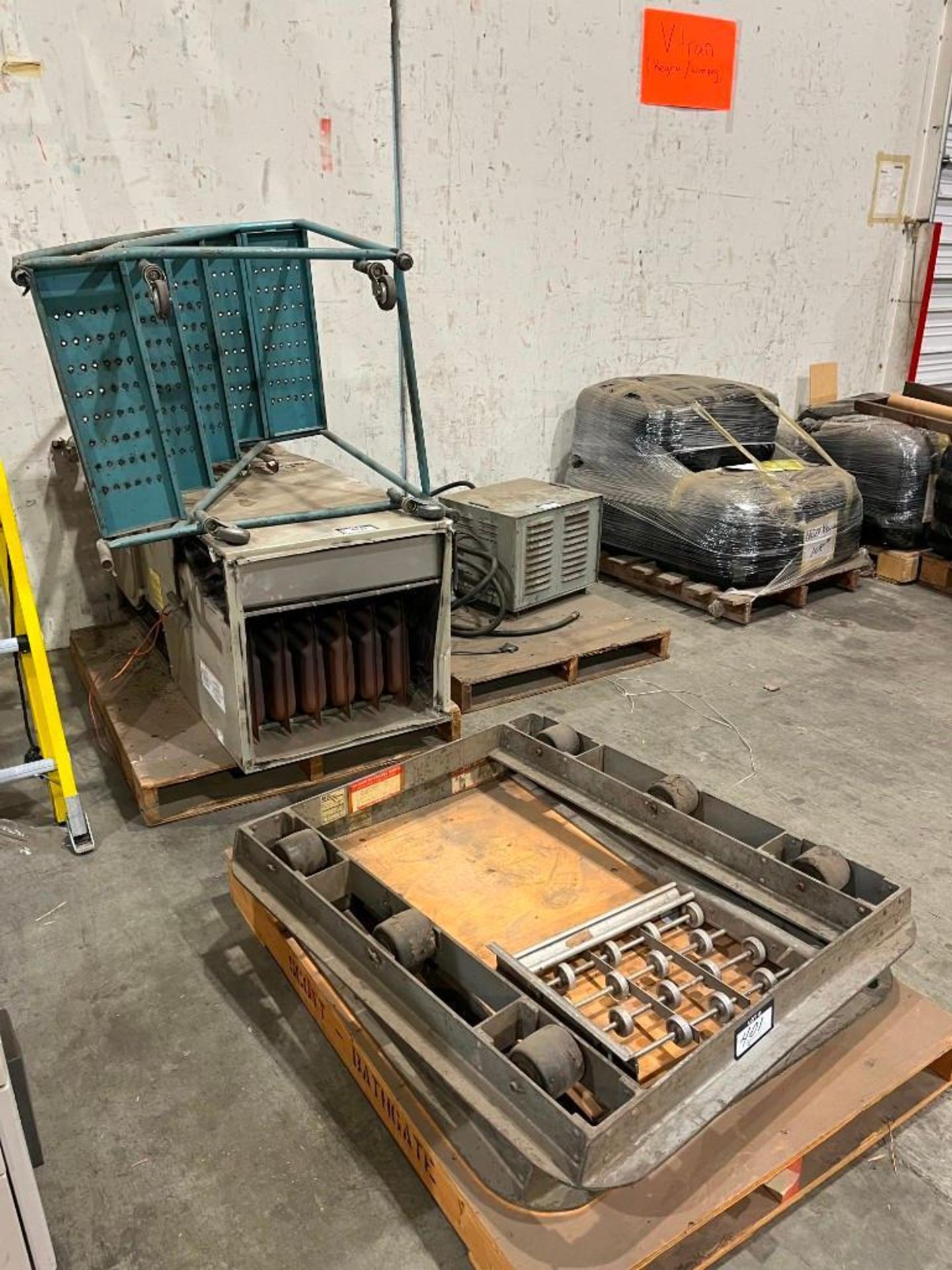 Lot of Gas Furnace, Mobile Stairs, (3) 3x3 Wheel Assemblies, Lift Truck Charger and 50' Hose.