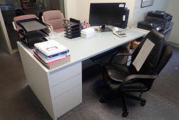 Lot of Desk, Task Chair, (3) File Cabinets, (2) Side Chairs, Asst. Office Supplies, etc.