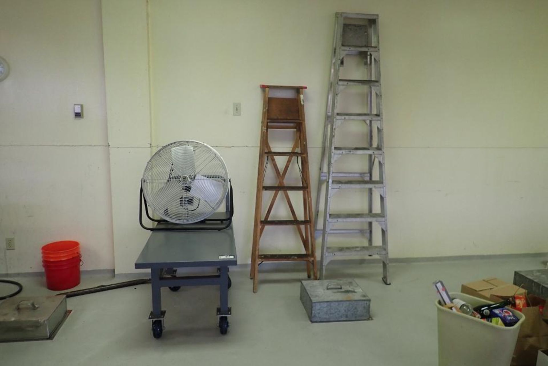 Lot of Mobile 2-Tier Cart, Fan, Wooden Step Ladder and Aluminum Step Ladder.