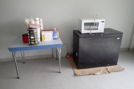 Lot of Kenmore Chest Freezer, Panasonic Microwave, Kitchen Table and Asst. Kitchen Supplies.