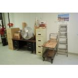 Lot of Desk, (2) File Cabinets, Cart, Fan, Aluminum Step Ladder, etc.