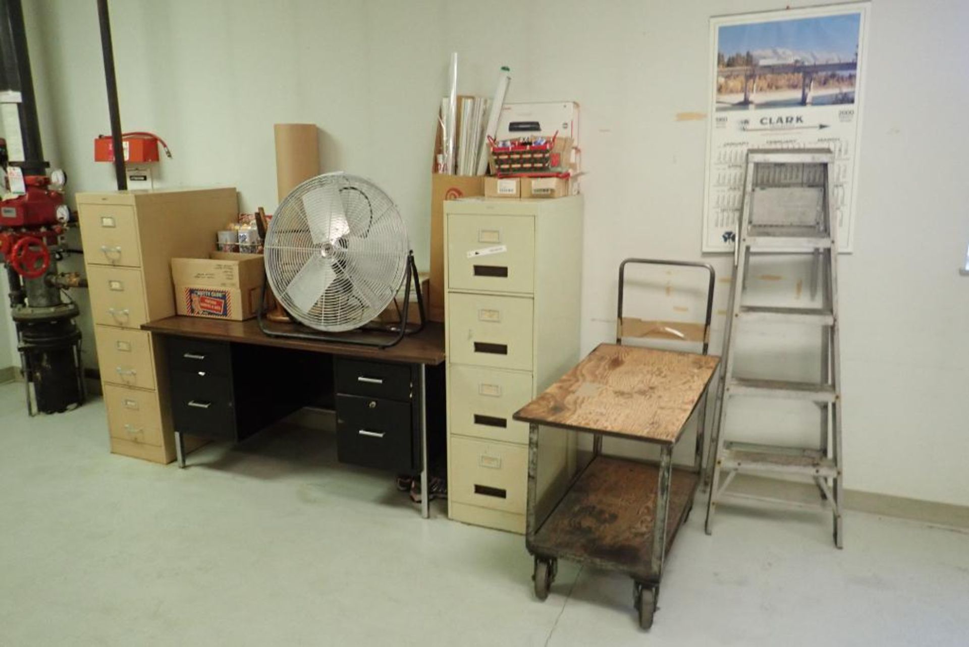 Lot of Desk, (2) File Cabinets, Cart, Fan, Aluminum Step Ladder, etc.