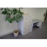 Lot of (2) Vertical 4-Drawer File Cabinets, Artificial Plant and Single Pedestal Desk.