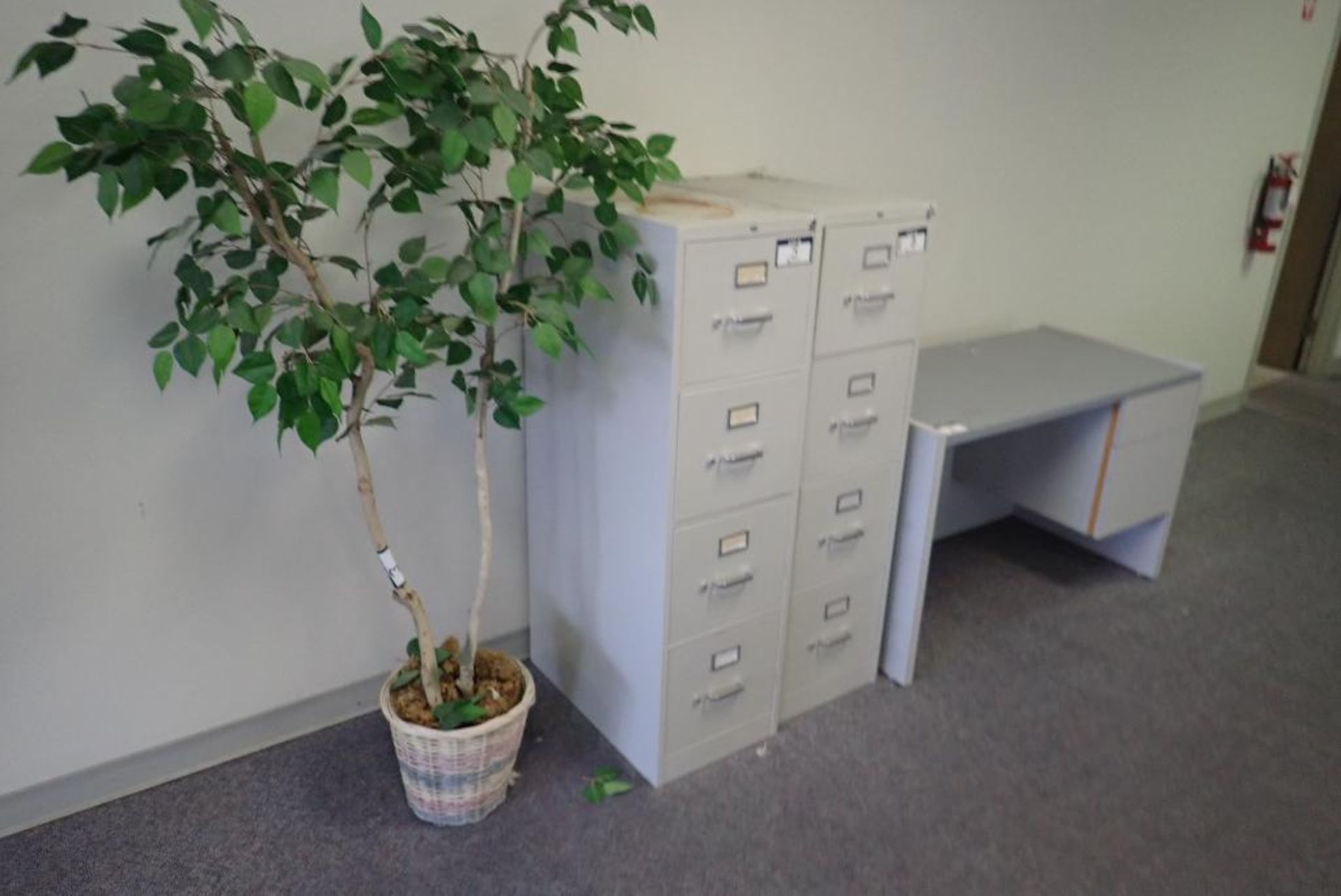Lot of (2) Vertical 4-Drawer File Cabinets, Artificial Plant and Single Pedestal Desk.