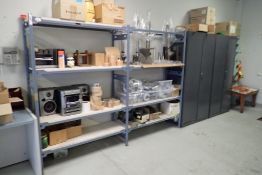 Lot of (2) Sections 16"x48" Racking, (2) Storage Cabinets, Asst. Filling Machine Parts, etc.