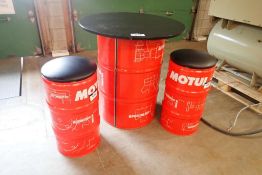 Lot of Motul Barrel Table and (2) Barrel Stools.