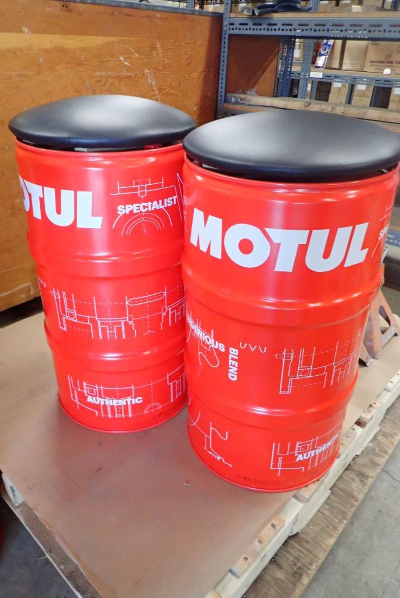Lot of Motul Barrel Table and (2) Barrel Stools. - Image 3 of 3